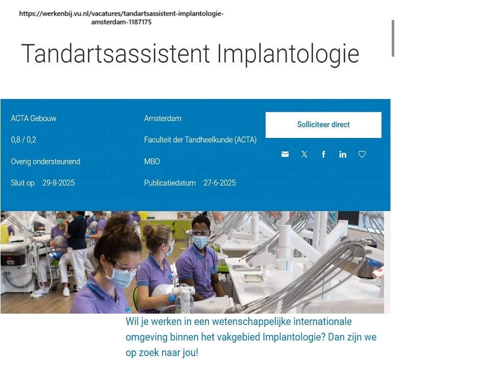 Vacature: Tandartsassistent Prothetiek en Implantologie, ACTA, Amsterdam