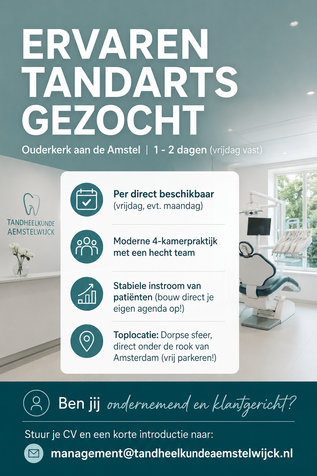 Vacature: Ervaren Tandarts gezocht per direct gezocht 1-2 dagen, Ouderkerk a/d Amstel (vast op vrijdag/optioneel maandag)